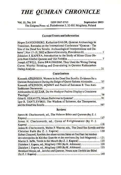The Qumran Chronicle, Vol. 11, No. 1/4, The Enigma Press, Krakow 2003